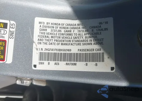 2011 Honda Civic Ex-L from USA, damaged, VIN 2HGFA1F93BH502469